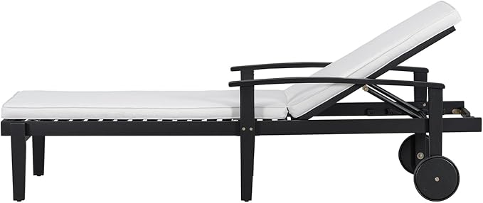 Outdoor Chaise Lounge Chair, Pool Lounge Chairs with Wheels, 5-Position Adjustable Backrest & Wood Frame, Patio Lounge Chair for Pool Poolside Sunbathing Backyard Beach (Black White)