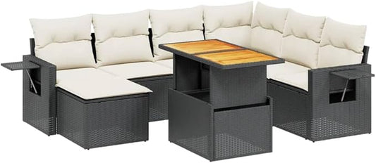 8 Piece Garden Sofa Set in Black and Cream White, Modular Outdoor Furniture with Plush Cushions, Foldable Side Table and Removable Covers, Durable PE Rattan and Metal Frame