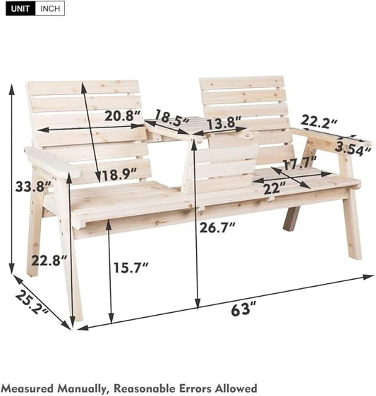 FORTUNO Cedar/Fir Log Wood Patio Garden Bench with Foldable Table, Outdoor Wooden Porch 3-Seat Bench Chair for Garden Balcony Patio Backyard, Natural Finish