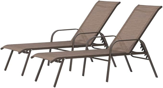 Crestlive Products Adjustable Chaise Lounge Chair, Five-Position and Full Flat Outdoor Recliner for Patio, Deck, Beach, Yard, Pool (2PCS Brown)