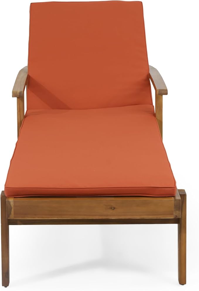 Outdoor Chaise Lounge Chair, Pool Lounge Chairs with Wheels, 5-Position Adjustable Backrest & Wood Frame, Patio Lounge Chair for Pool Poolside Sunbathing Backyard Beach (Orange)