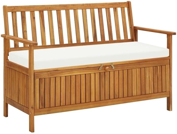 BOWERY HILL Solid Acacia Wood Cushion Storage Bench, Natural Finish, Rectangular 47.2 x 47.2 x 33.1 in, Indoor/Outdoor Use, Rustic Style, Hallway or Garden Seating with Hidden Storage