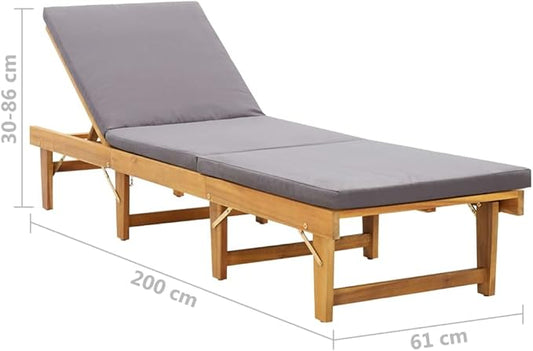 Folding Acacia Wood Sun Lounger 24 x 78.7 x 33.9 in Grey Reclining Outdoor Chaise for Patio Poolside Backyard Balcony