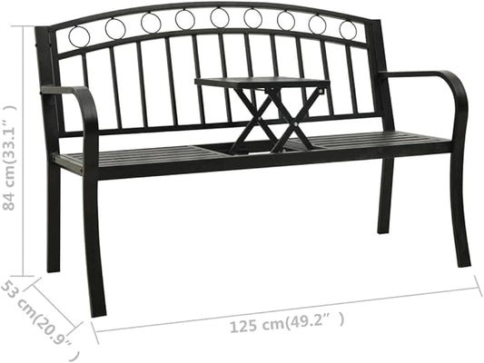 Patio Bench with a Table,Outdoor Garden Benches,Chairs with Armrests for Park, Yard, Porch, Lawn, Balcony, Backyard, Seat Furniture,49.2" Steel Black