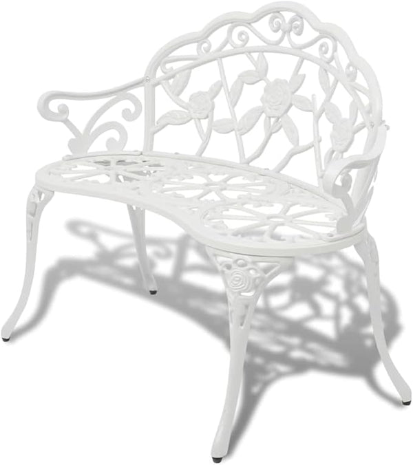 White Cast Aluminum and Cast Iron Garden Bench 39.4 Inch Durable Outdoor Seating with Decorative Inlays for Patio Yard