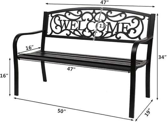 amopacorp 50" Outdoor Iron Bench for Patio Metal Garden Bench w/PVC Welcome Back Pattern, Steel Black Outdoor Welcome Bench Park Bench Porch for Yard Lawn Decor Deck Entryway