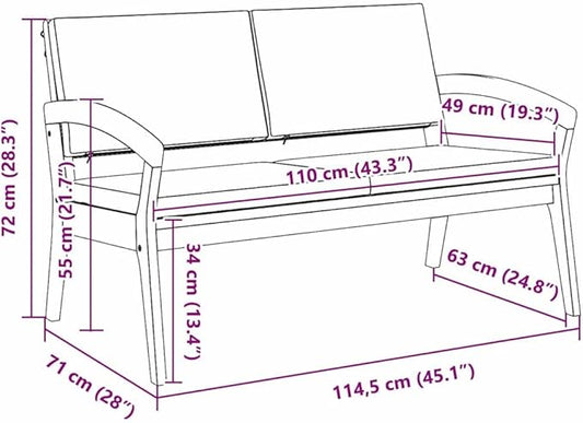 2-Seat Acacia Wood Garden Bench with Cushion, 19.29 in Seat Width, Oil Natural Finish, 485 lb Capacity, Modern Outdoor Seating for Patio Balcony Porch Backyard