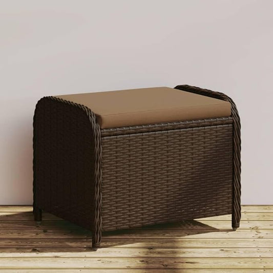 vidaXL Patio Stool with Cushion - Brown Poly Rattan Outdoor Ottoman Seating - Steel Frame - 22.8" x 18.1" x 18.1"