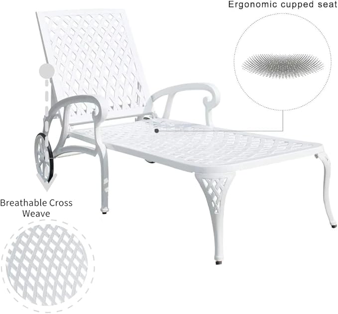Chaise Outdoor Aluminum Lounge Chair with Wheels, 3-Position Adjustable Recliner Furniture Set for Poolside, Backyard and Patio (2pcs, White)