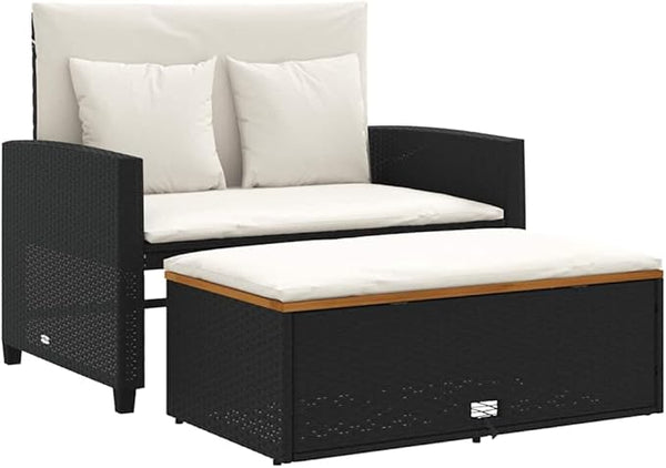 vidaXL 2 Seater Patio Sofa with Cushions Black Poly Rattan and Acacia Wood Removable Covers Adjustable Multifunctional - Photo 1