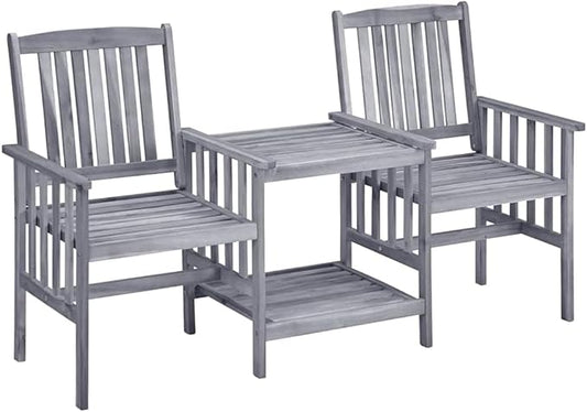 Grey Acacia Wood Garden Chair Set with Tea Table, 2 Chairs and Removable Cushions, Weather-Resistant Outdoor Furniture for Patio, Rustic Design Comfortable Seating