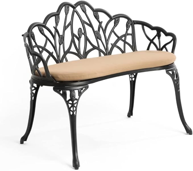 Patio Aluminum Outdoor Bench with Soft Cushion, Garden Metal Loveseat Furniture, Leaf Carving Antique Black Front Porch Chair Seat