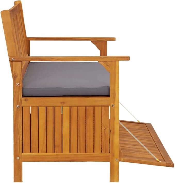Rustic Solid Acacia Wood Storage Bench with Dark Grey Seat Cushion and Natural Wood Finish for Indoor Outdoor Use, Durable Seating Furniture with Generous Internal Space,