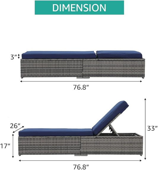 Patiorama Outdoor Patio Chaise Lounge Chair, Elegant Reclining Adjustable Pool Rattan Chaise Lounge Chair with Navy Blue Cushion, Grey PE Wicker, Steel Frame