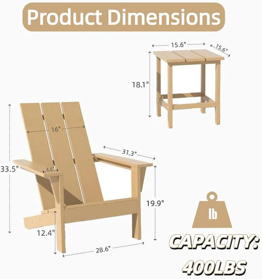 3 PCS All Weather Resistant Adirondack Chair,HDPE Plastic Adirondack Patio Chair with Wood-Texture Table,Lawn Chair for Poolside, Backyard, Sand