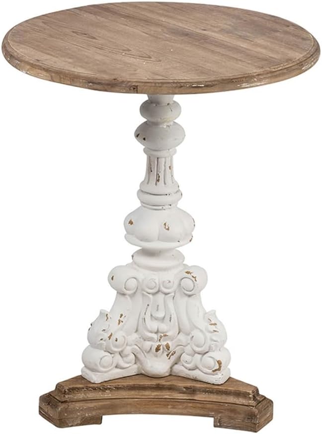 Patio Round Wood Side Table French Country Circle End Table Small Coffee Tables Drink Table with Pedestal Bedside Tables Nightstand for Small Spaces Living Room Distressed White & Wood