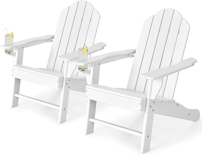 Tangkula Adirondack Chair Outdoor, Fade Resistant HDPE Armchairs with Cup Holder, Weather Resistant Lounger Chairs for Patio Garden Backyard Deck, Lawn Porch Seating, Adirondack Lounger (1, White)