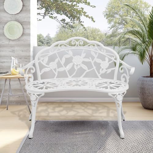 Patio Aluminum Outdoor Bench, Garden Metal Loveseat Furniture, Rose Carving Antique White Front Porch Chair Seat