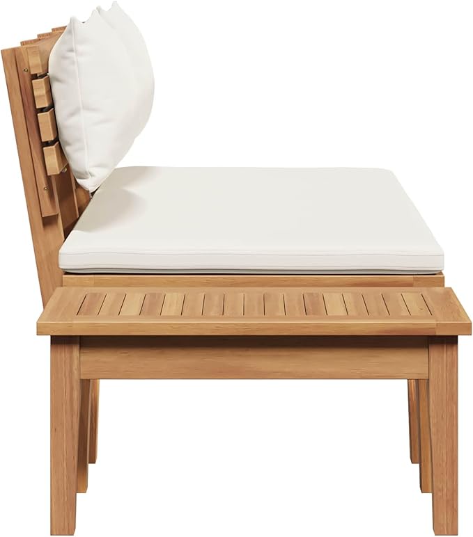 Modern Outdoor Teak Wood Garden Bench Set 2 pcs Cream and Brown Rectangular Patio Furniture with Solid Construction and Easy Assembly for Durable Seating