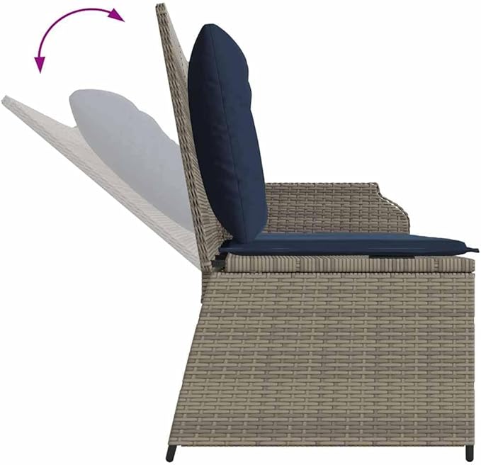 2-Seat Gray Reclining Garden Bench with Outdoor Cushion, 43.3 x 26.4 in UV-Resistant Poly Rattan, Adjustable Backrest Loveseat for Patio, Porch, and Modern Small Balcony Furniture Set