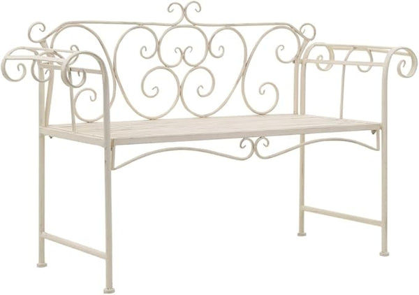 Antique White Steel Garden Bench 52 Inch with Decorative Inlays, Durable Outdoor Patio Bench for Two, Rust-Resistant Metal with Spacious Seating
