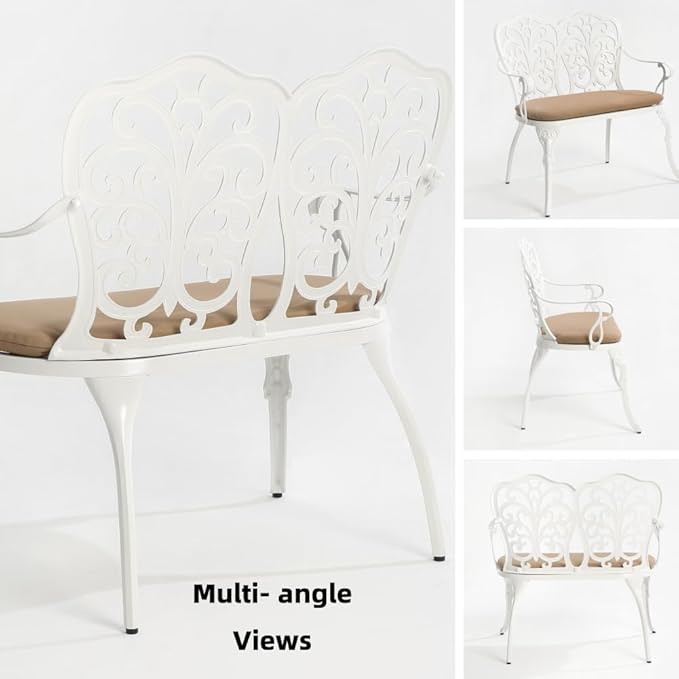 Patio Aluminum Outdoor Bench with Soft Cushion, Garden Metal Loveseat Furniture, Vintage Carving White Front Porch Chair Seat