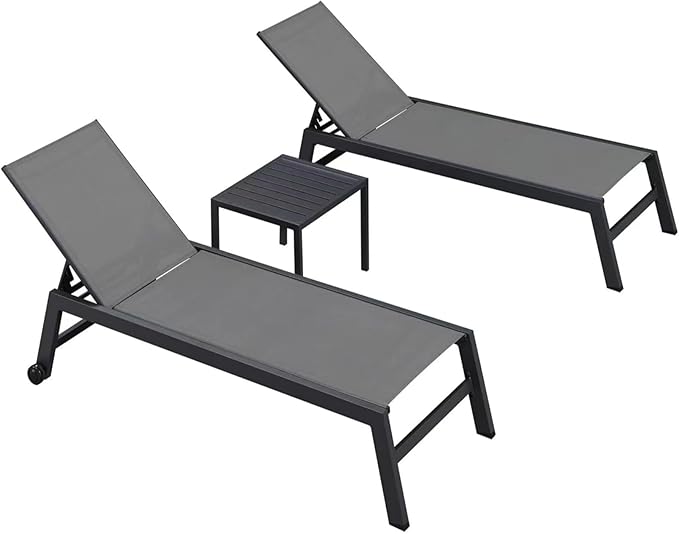 PURPLE LEAF Oversized Patio Lounge Chairs Set of 2 with Side Table Extra Wide Aluminum Adjustable Reclining Chaise Lounge with Wheels Heavy Duty Textilene for Poolside Backyard Beach Grey