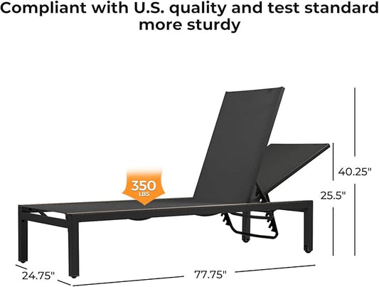 Grand patio Outdoor Chaise Lounge Mesh Sling Lounge Chair with Woodgrain Texture, Portable Wheels 4 Adjustable Reclining Backrest Positions for Beach Poolside, Black