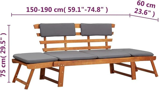 2-in-1 Patio Daybed with Cushion, Bench with Backrest, Garden Bench, Park Bench for Patio, Garden, Yard, Lawn,74.8" Solid Acacia Wood