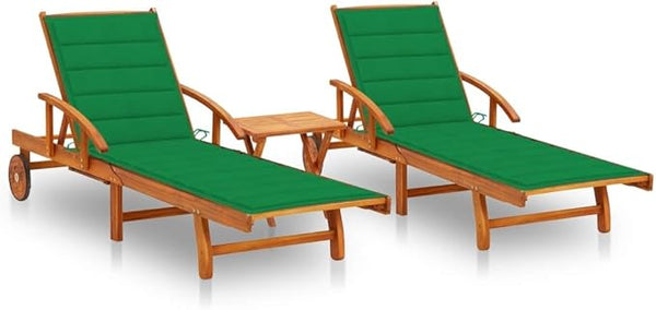 Wooden Sun Lounger Set with Green Cushions 4 Pieces Adjustable Backrest and Armrests Foldable Acacia Wood Outdoor - Photo 1