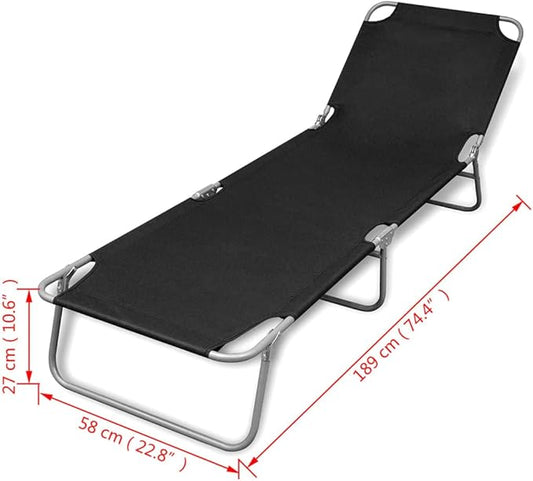 Sun Lounger Black Powder-Coated Steel Beach Chair Patio Sunbed for Balcony Yard 74.4 in Long Foldable