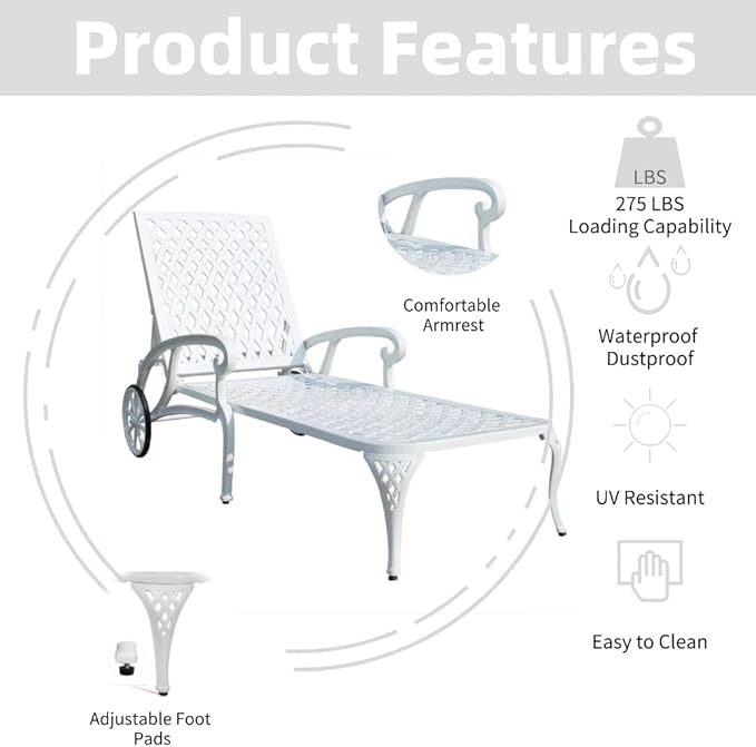 Chaise Outdoor Aluminum Lounge Chair with Wheels, 3-Position Adjustable Recliner Furniture Set for Poolside, Backyard and Patio (1pc, White)