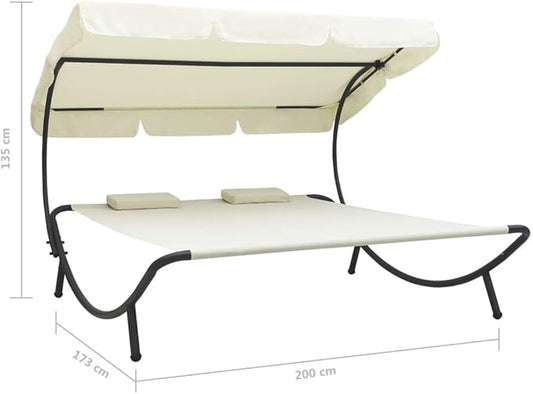 Double Chaise Lounge Outdoor with Adjustable Canopy and Pillow Extra Large Patio Hammock Bed Wheeled for Outside, Sun Room, Garden, Courtyard, Pool,Cream White