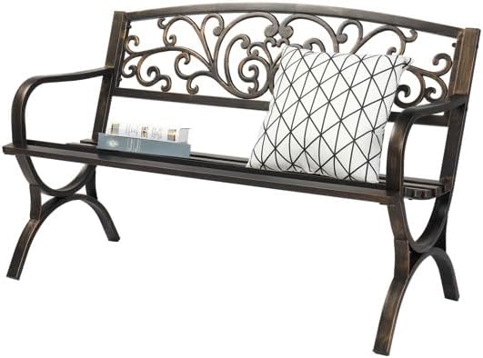 Patio Outdoor Park Loveseat Bench for Garden Porch Deck Made Cast Iron Anti-Rust Aluminum Metal, 2-3 Seater (50 Inch Butterfly Back Cross Feet Bronze Iron Bench)