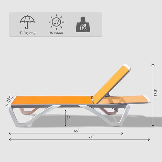 Domi Chaise Lounge Outdoor, Patio Lounge Chair with Aluminum Frame, All Weather Pool Lounge Chair for Deck Lawn Backyard, Orange, Set of 2