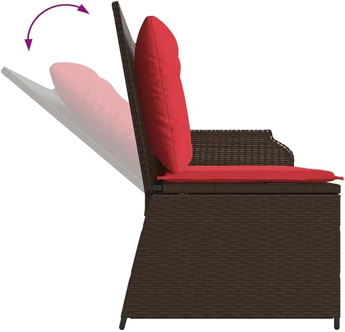 2-Seat Reclining Garden Bench 43.3"x26.4", Brown Woven Poly Rattan Lounge with Adjustable Backrest & Outdoor Cushions, Modern Patio Furniture Set for Garden, Balcony, Porch