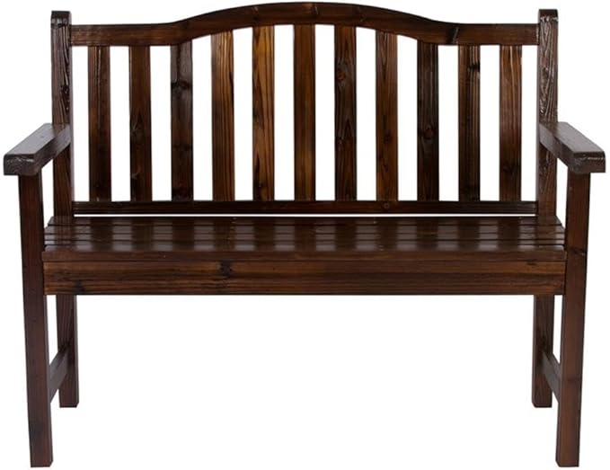 Pemberly Row Traditional Cedar Wood Patio Porch Bench, Brown Finish, 36"H x 22"W x 44.75"D, Kiln-Dried Moisture-Resistant Material, Indoor/Outdoor Use, Arched Back Design for Backyard or Front Porch