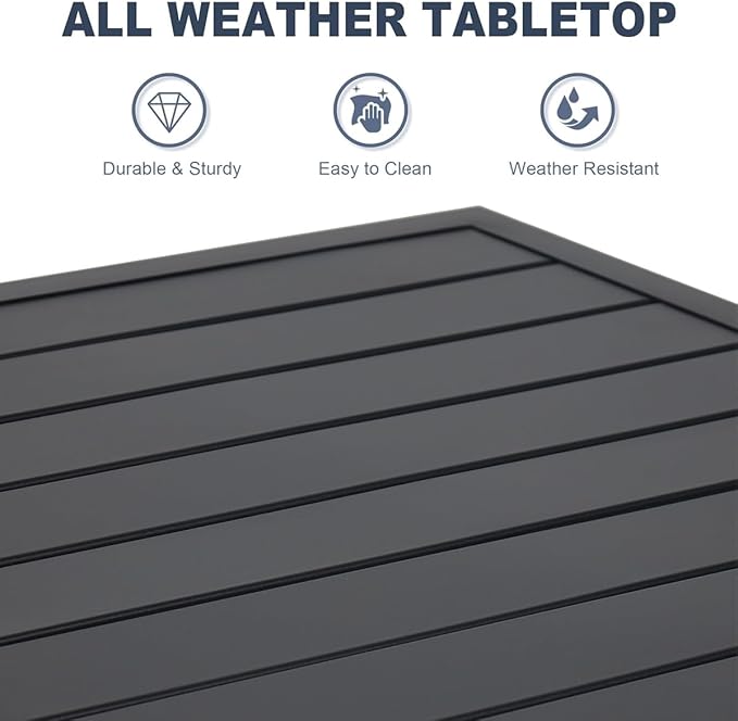 Patio Table for 4, Metal Outdoor Dining Table with E-Coating, Square Steel Slated Outdoor Table with 1.57" Umbrella Hole for Garden Backyard, Black