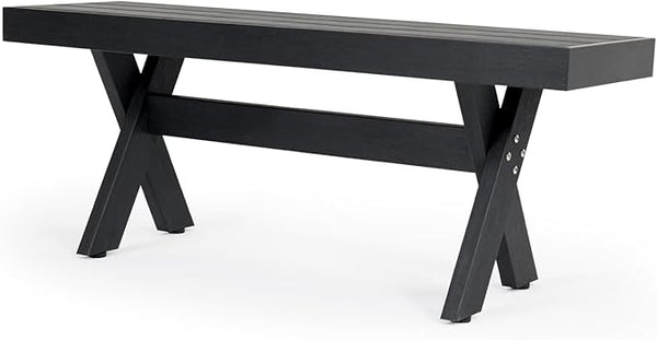 44.5" HIPS Outdoor Bench, X-Shaped Modern Backless Garden Bench, All Weather Patio Bench with Wood Grain Texture, Easy Assembly for Garden, Porch, Backyard & Park-Wood-Grain Black