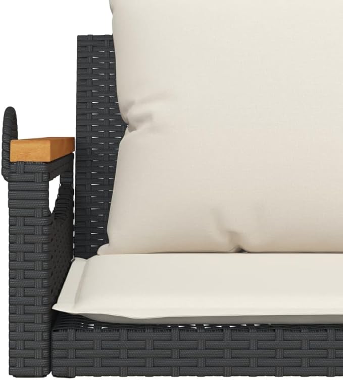 Black Poly Rattan Swing Bench with Removable Cushion Covers, UV Resistant Outdoor Patio Furniture for Garden and Balcony, Sturdy Metal Frame, 42.9 x 24.4 x 15.7 Inches, Seats