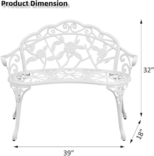 Patio Aluminum Outdoor Bench, Garden Metal Loveseat Furniture, Rose Carving Antique White Front Porch Chair Seat