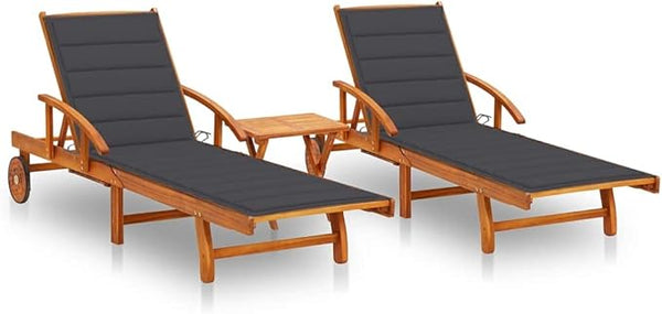 2-Piece Sun Lounger Set with Table & Cushions Solid Acacia Wood Outdoor Lounge Chairs Adjustable Reclining Foldable - Photo 1