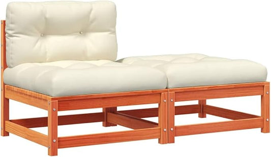 Rustic Modular Garden Sofa with Footstool, Solid Pine Wood Construction, Warm Wax Brown Finish, Plush Oxford Fabric Cushions, Water-Resistant & Easy