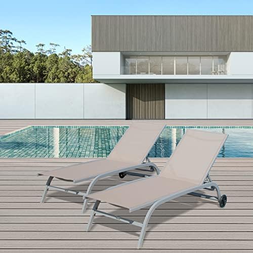 Domi Chaise Lounge Outdoor Set of 3, Lounge Chairs for Outside with Wheels, Outdoor Lounge Chaise with 5 Adjustable Position, Pool Lounge Chairs for Patio, Beach, Yard, Deck, Poolside, Khaki