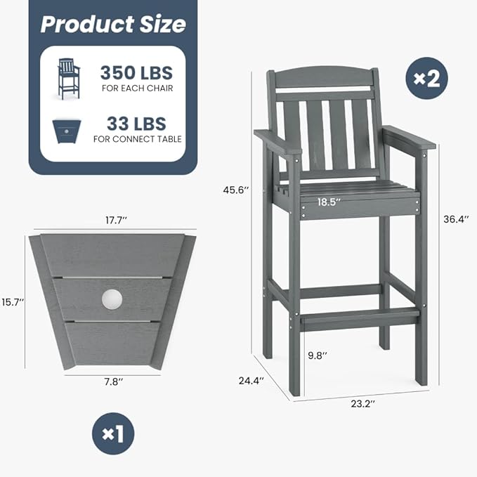 Tall Adirondack Chairs Set of 2, Bar Height Adirondack Chair Patio Barstool, for Balcony, Poolside, Backyard (Grey + POLYETHYLENE)