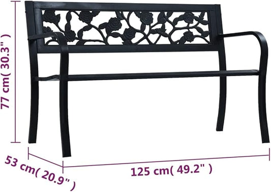 Vintage Black Steel Garden Bench 49.2 Inch Outdoor Patio Seating with Floral Backrest Durable Rectangular Bench for Two People