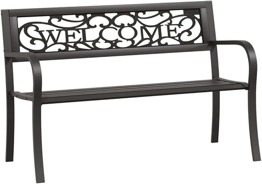 Black Powder-Coated Steel Garden Bench with Plastic Seat, Vintage Outdoor Seating for Patio and Balcony, Heavy-Duty Structure Supports 529 lb, Easy to Clean