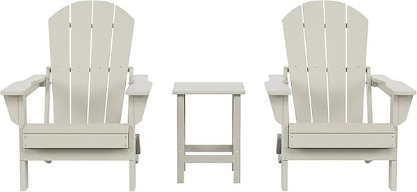 Costaelm 3 piece Patio Set, Outdoor Modern Adirondack Table and Chairs, All Weather Balcony Furniture Set Lounge Firepit Chairs for Outside Deck Garden Lawn Pool, Sand