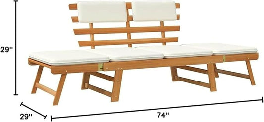 Light Brown Cream Solid Acacia Wood 2-in-1 Convertible Outdoor Bench and Sun Lounger Garden Patio Furniture for Relaxation in Sunroom or Backyard