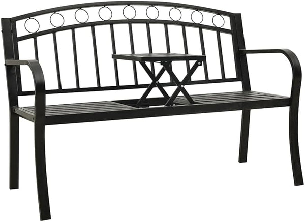 Garden Bench Outdoor Bench Patio Bench Cushions for Outdoor, Park, Yard, Entryway, Iron Metal Frame Furniture, with Folding Table 49.2" Steel Black-Fast delivchy